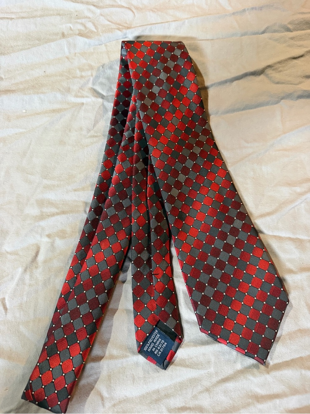 John Ashford Red and Gray Checked Silk Tie